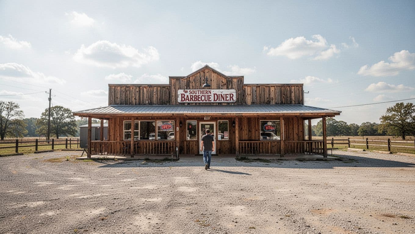 Rustic barbecue diner with one person walking near the entrance.