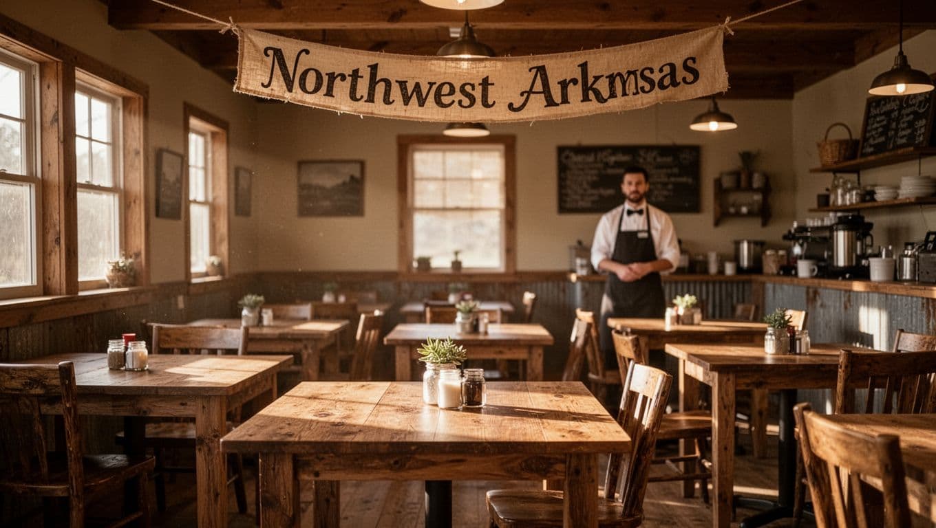 Cozy rural cafe with wooden tables, warm lighting, and a blurred waiter.