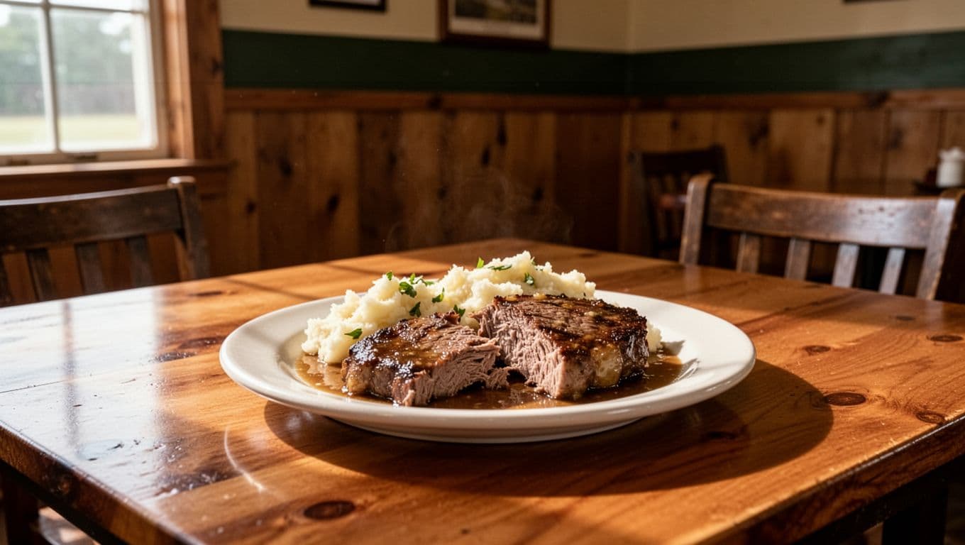 A Southern meal sits on a wooden table in a cozy country dining setting.