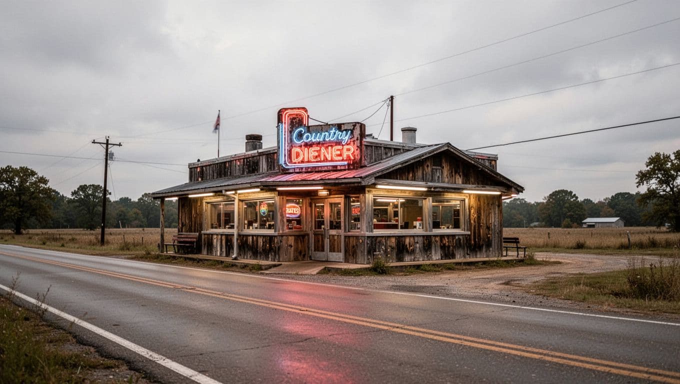 A rustic country diner with wooden siding and a vintage neon sign under cloudy skies.