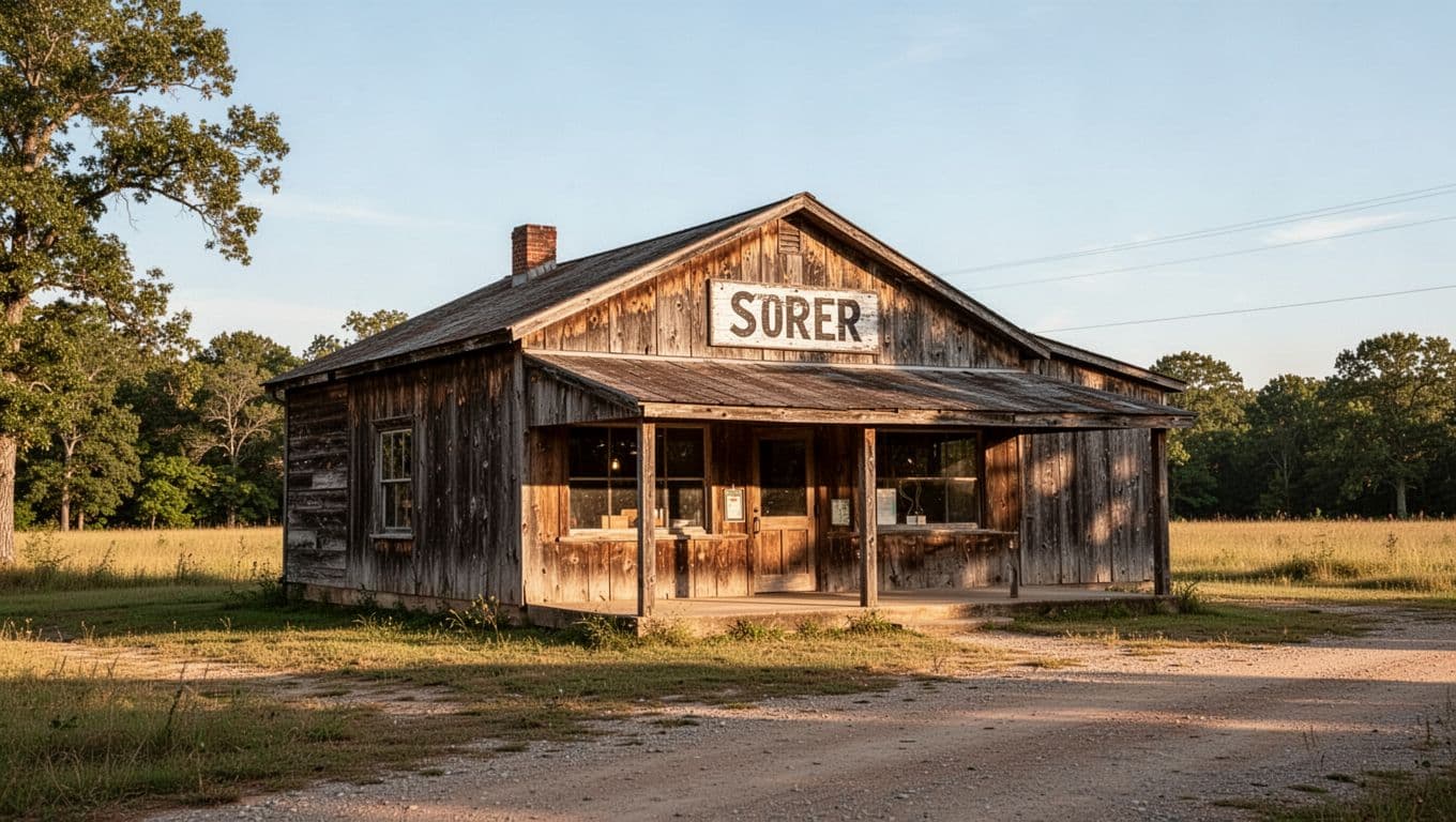 Rustic country store and diner with a Local Dining banner.