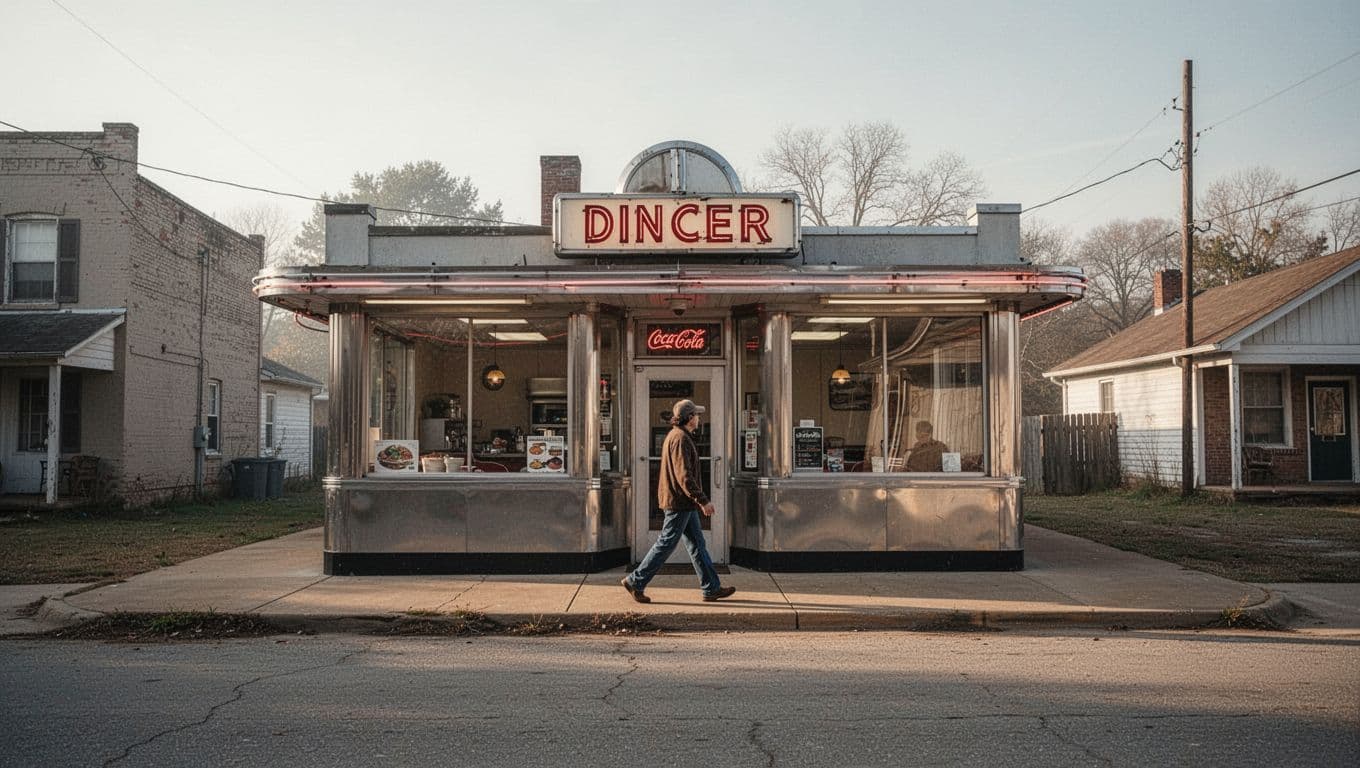 A rural Arkansas diner with one person walking past in morning light.