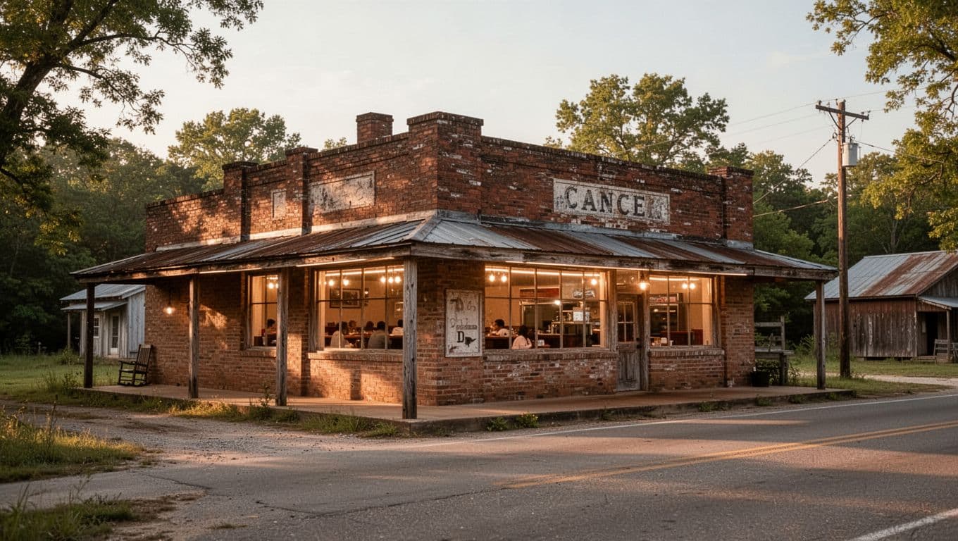 A brick diner with glowing windows and a Local Dining headline band.