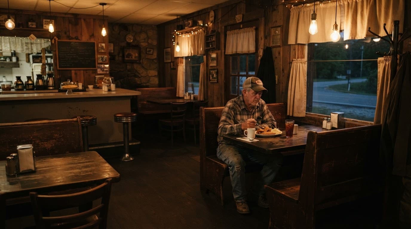 One person sits at a wooden table in a warmly lit rural Arkansas diner.
