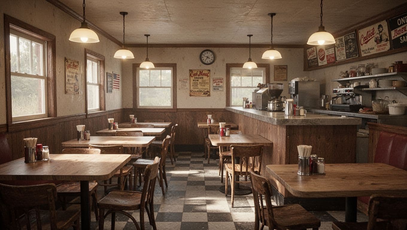 A warmly lit rural diner beneath a green Local Eats banner.