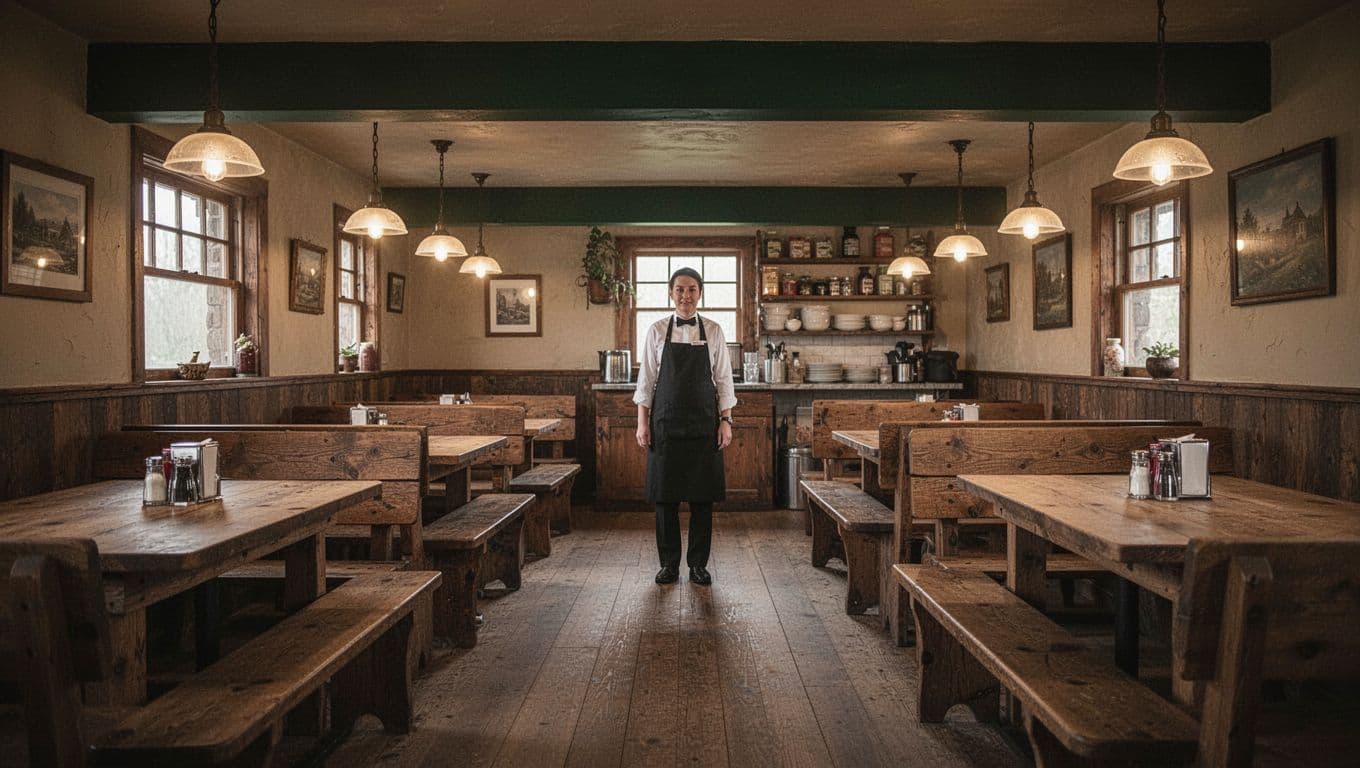 Rustic Arkansas diner with wooden tables, warm lights, one distant server, and a dark-green Local Dining banner.