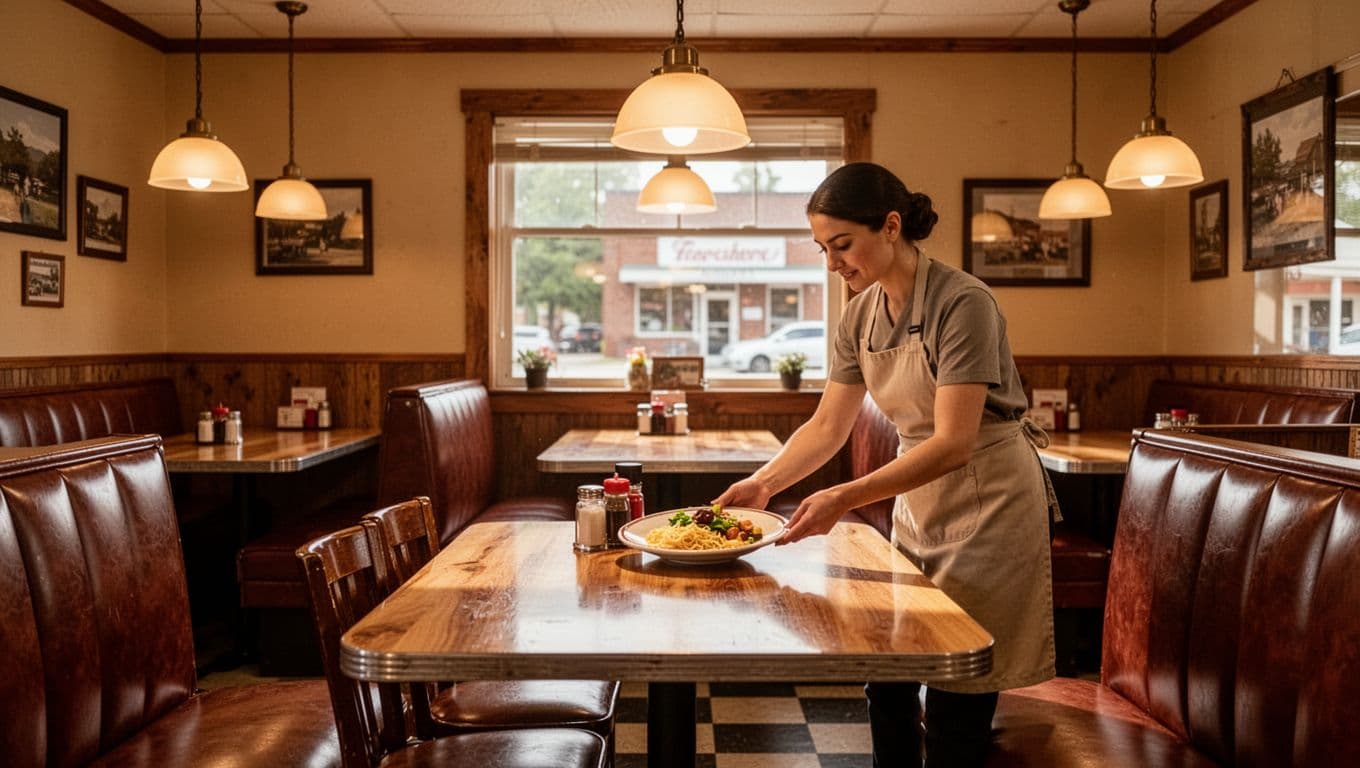 Cozy country diner with wooden tables, pendant lights, and a green Local Eats banner.