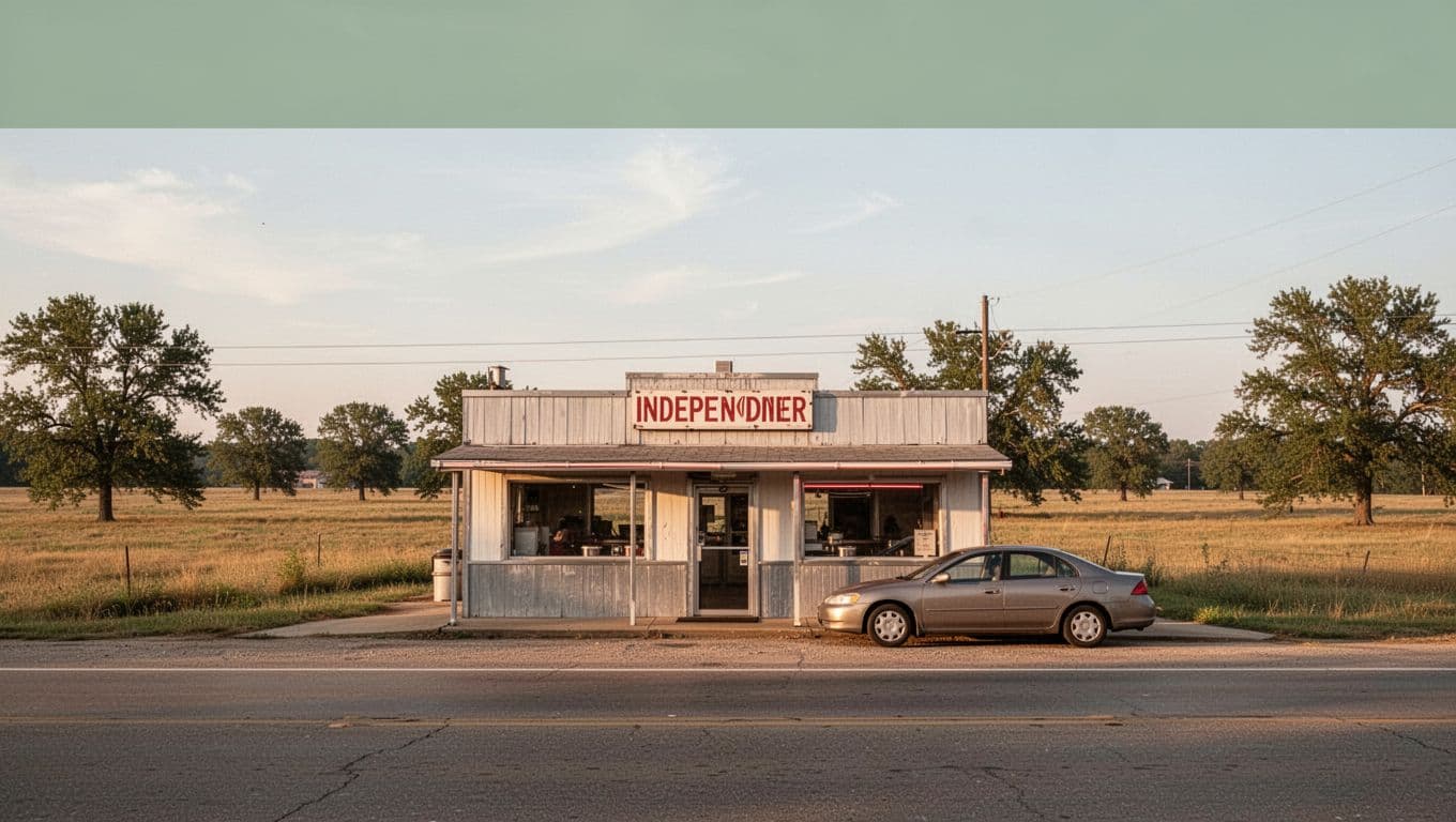A small diner and one parked vehicle stand across a rural Arkansas road.