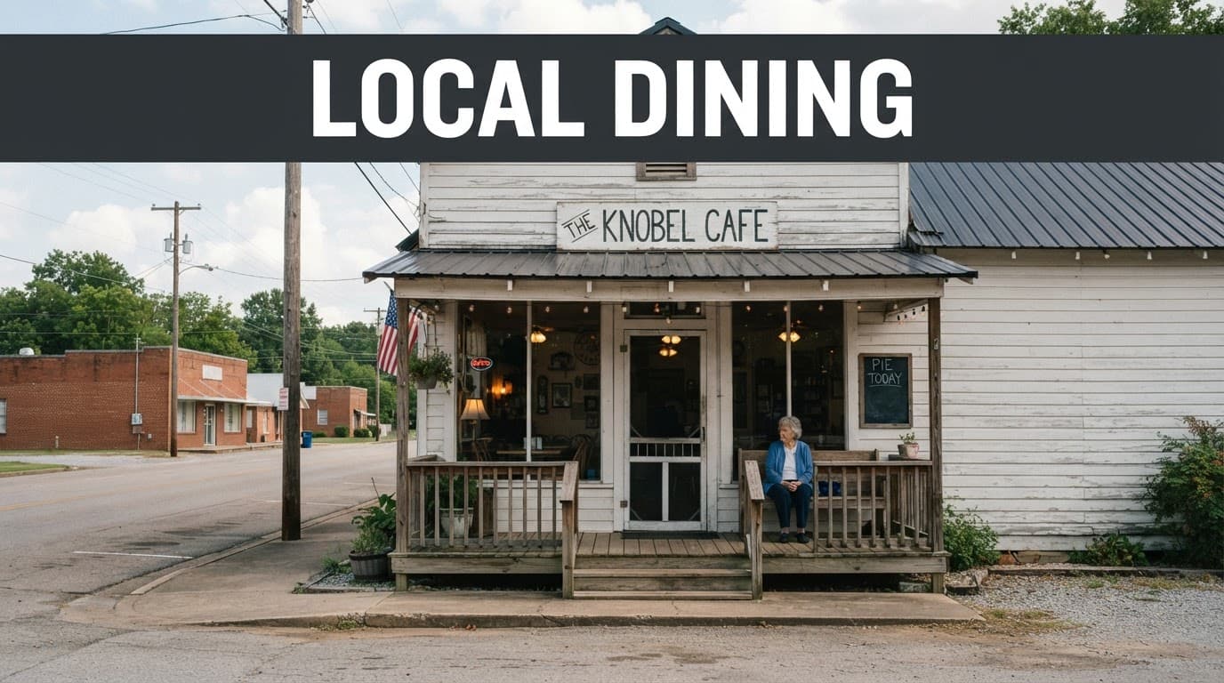 A cozy rural Arkansas restaurant beneath a bold headline band on a quiet street.