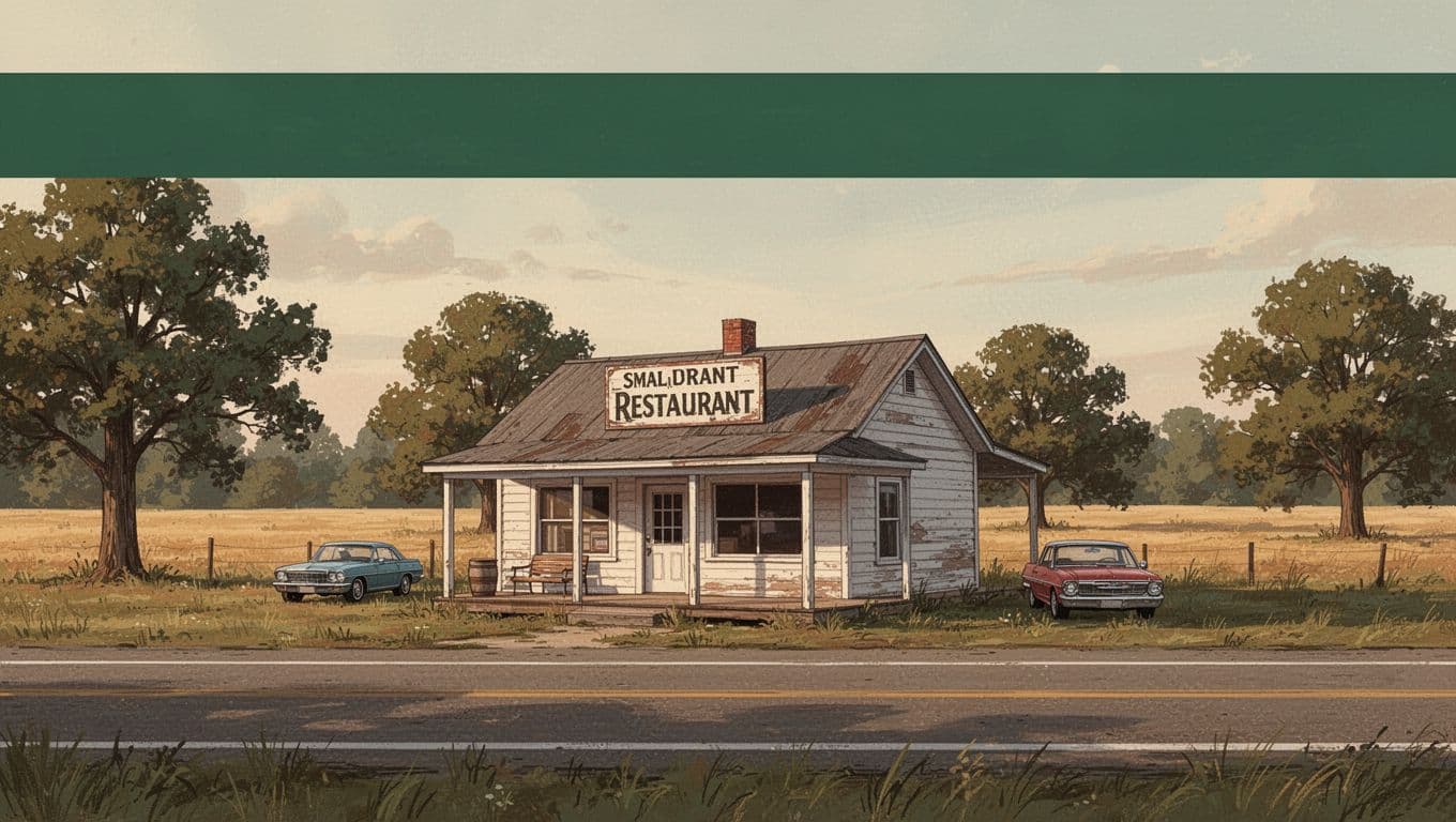 Illustration of a rural Arkansas restaurant beside a highway, fields, trees, and one parked car.