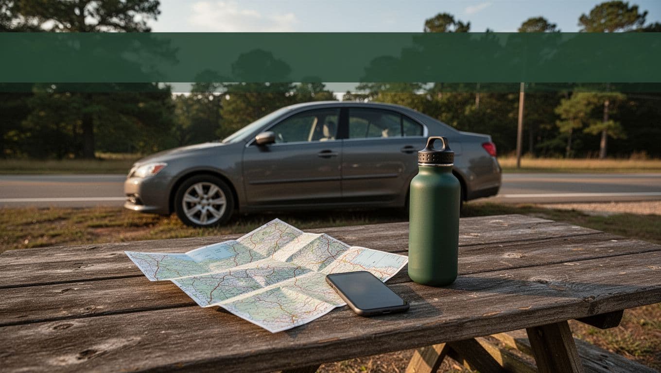 A map, phone, and water bottle on a picnic table beside a parked car.