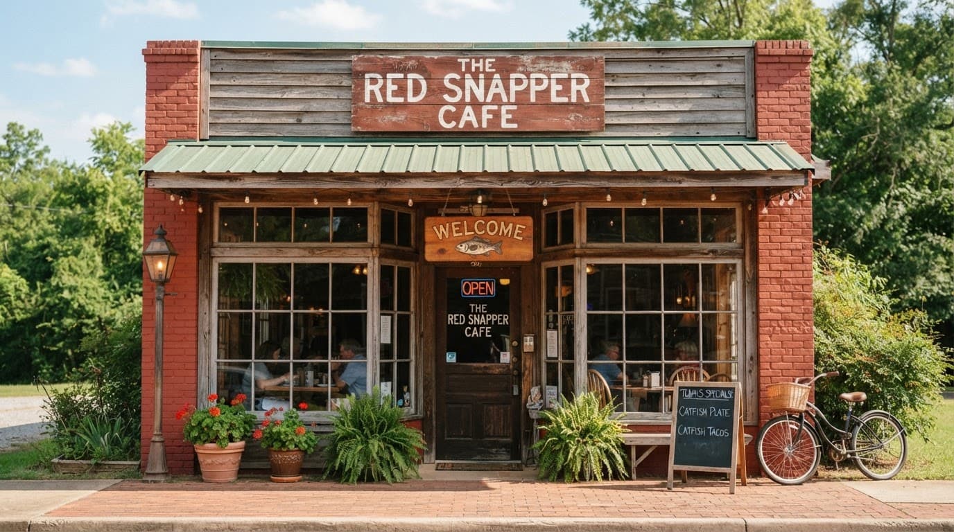 A cozy rural Arkansas eatery with a welcome sign and bold banner above the storefront.