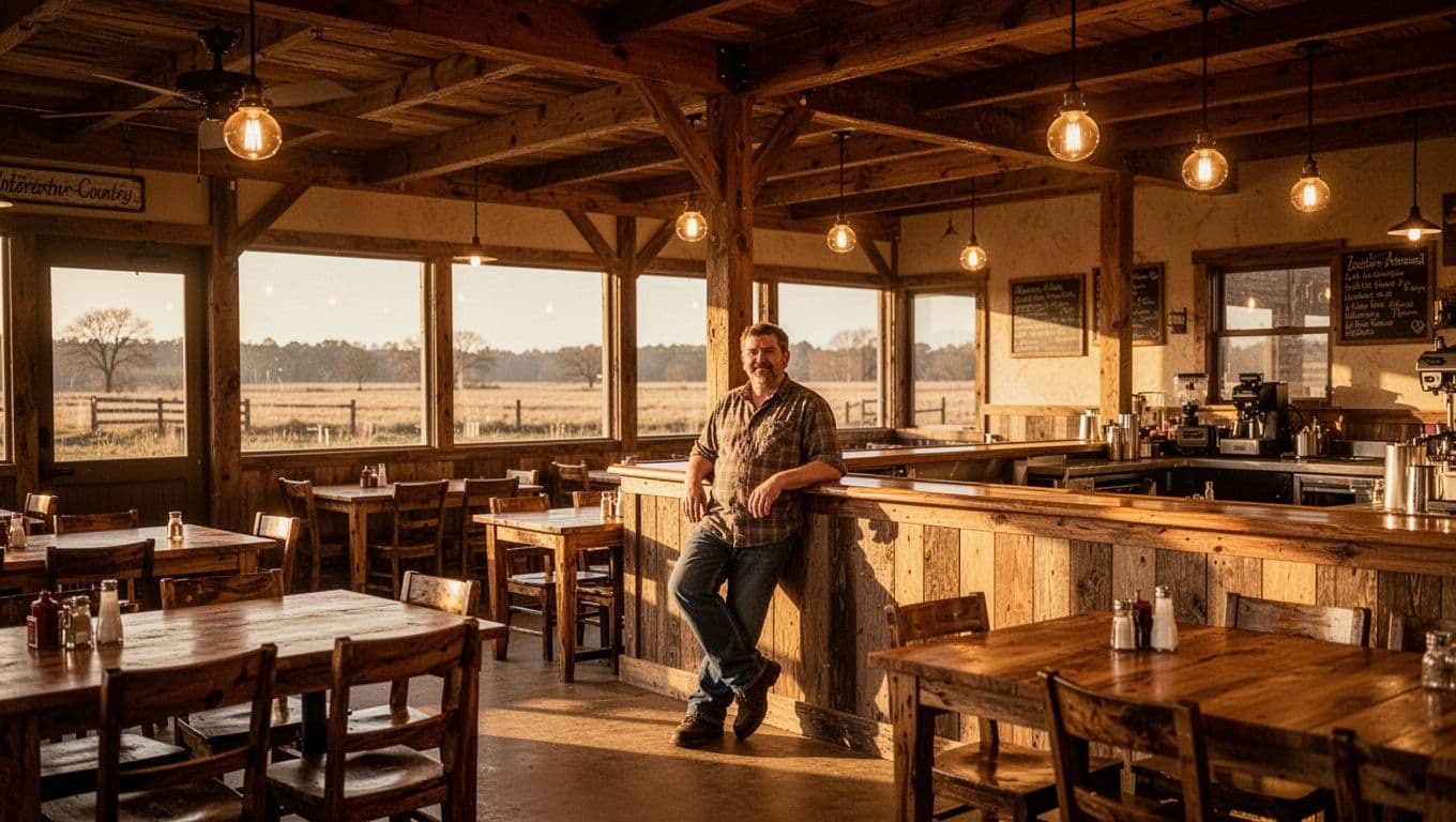 Rustic Arkansas restaurant with wooden tables, warm lights, and one staff member by the counter.