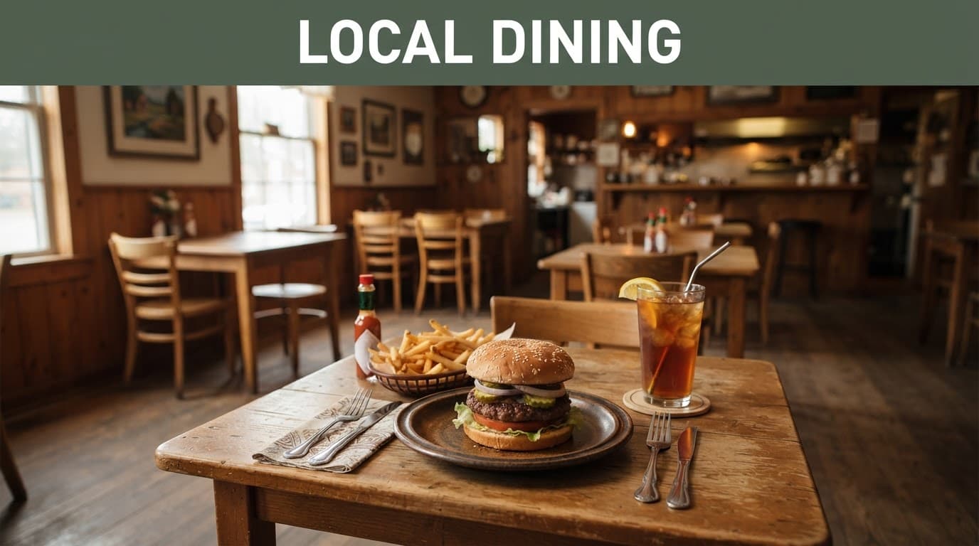 Burger, fries, and iced tea on a table in a quiet rural restaurant.