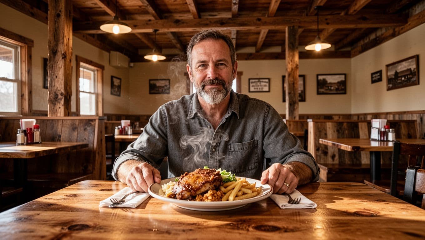 Cozy Arkansas restaurant with wooden tables, warm lights, and one diner eating in the background.