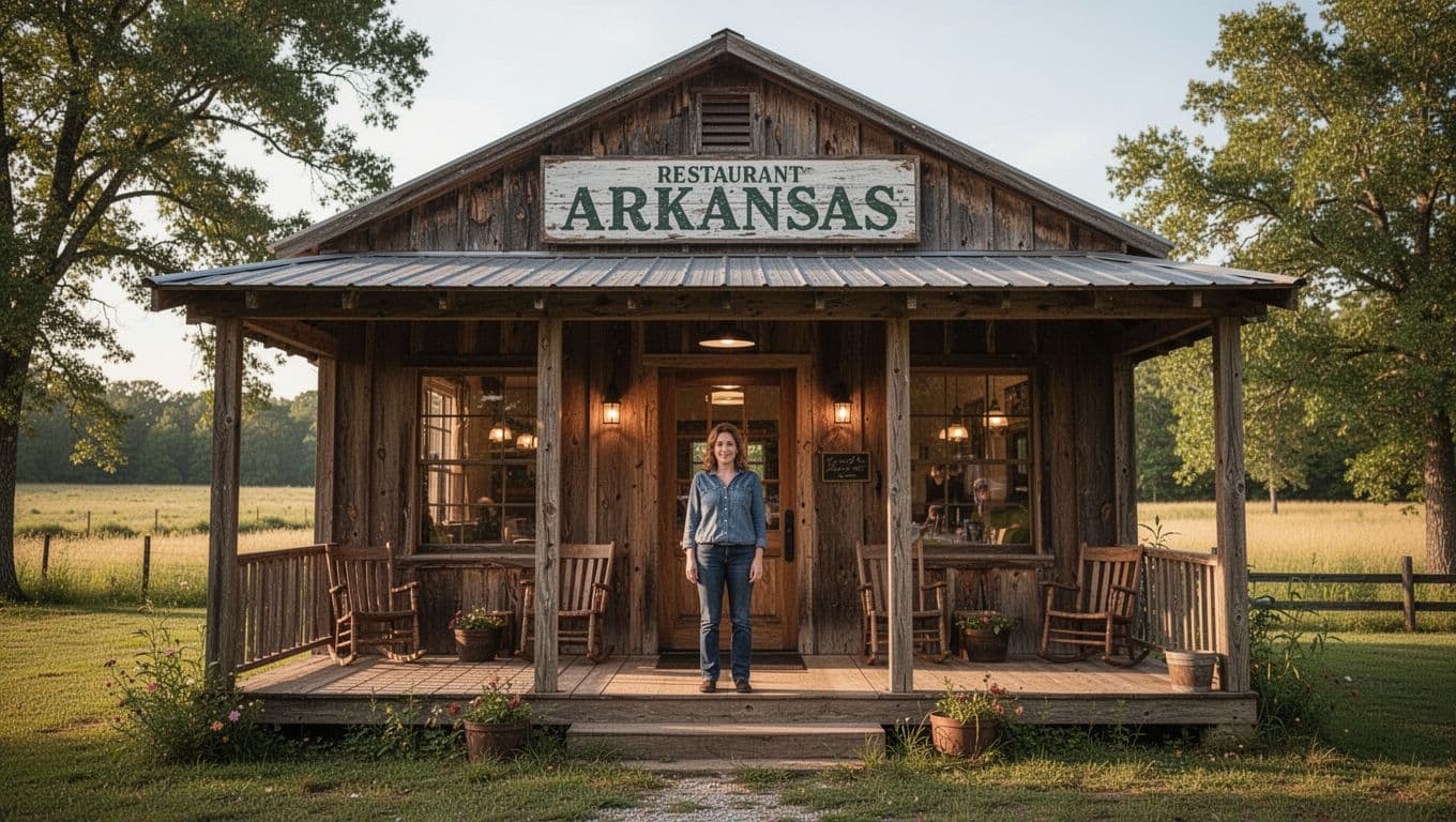 A rural Arkansas restaurant glows warmly with one staff member outside.