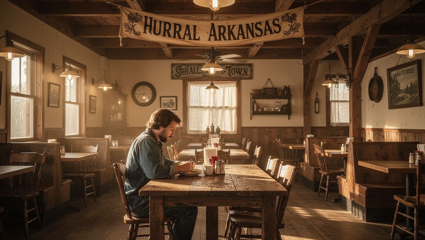 A warm rustic restaurant with wooden tables, pendant lights, and one diner.