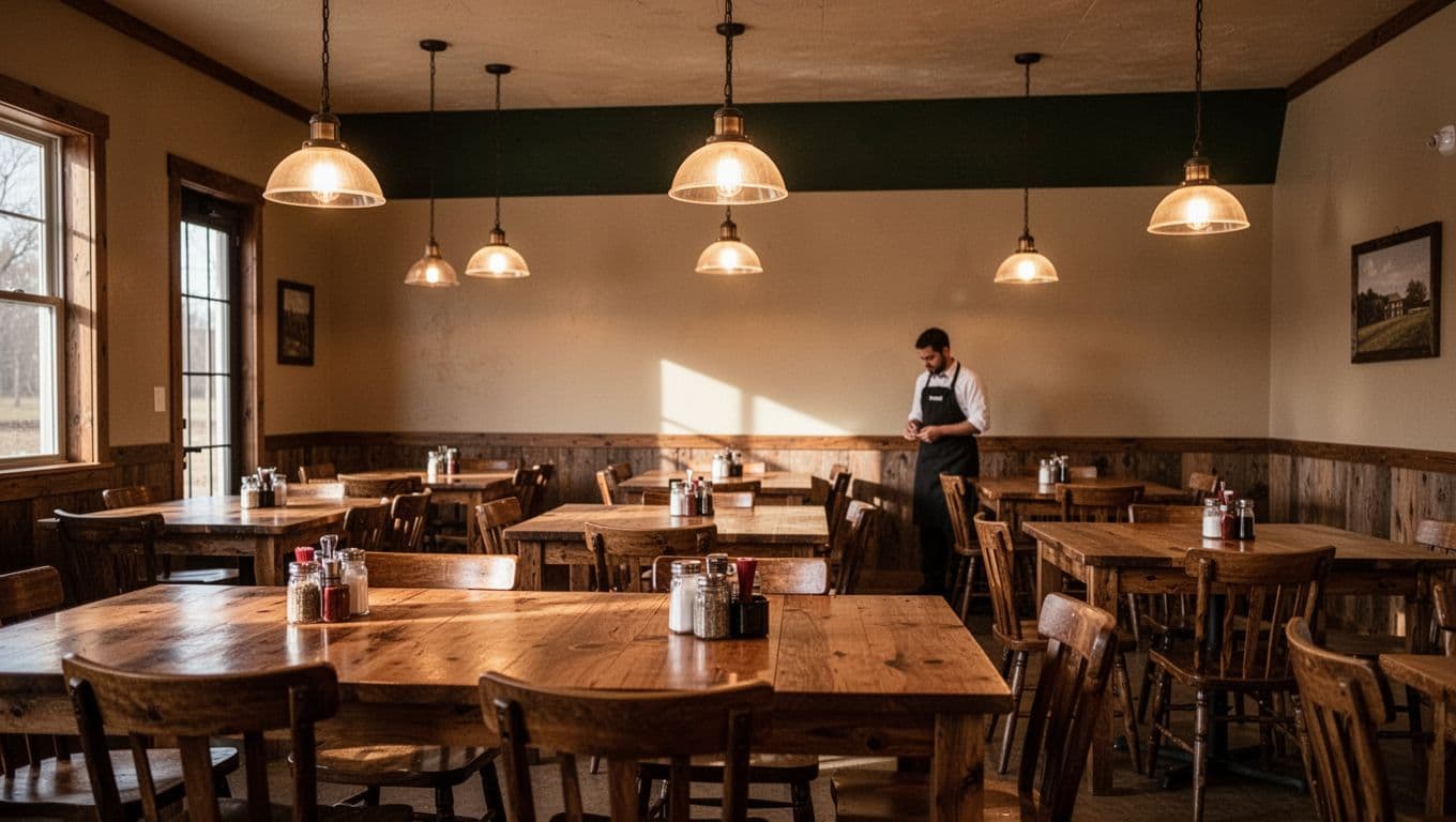 Cozy restaurant with wooden tables, pendant lights, and a distant server beneath a green Local Flavors banner.