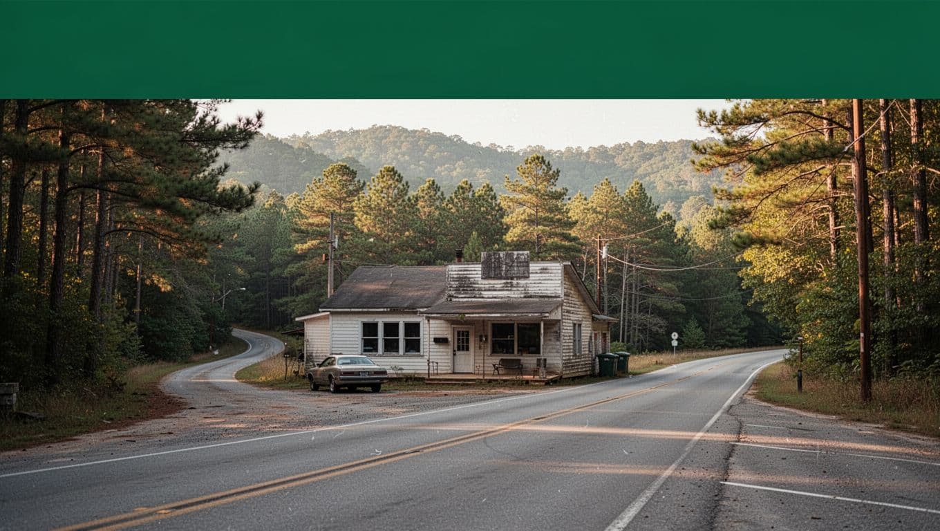 A small restaurant and parked car beside a quiet road in wooded Arkansas foothills.