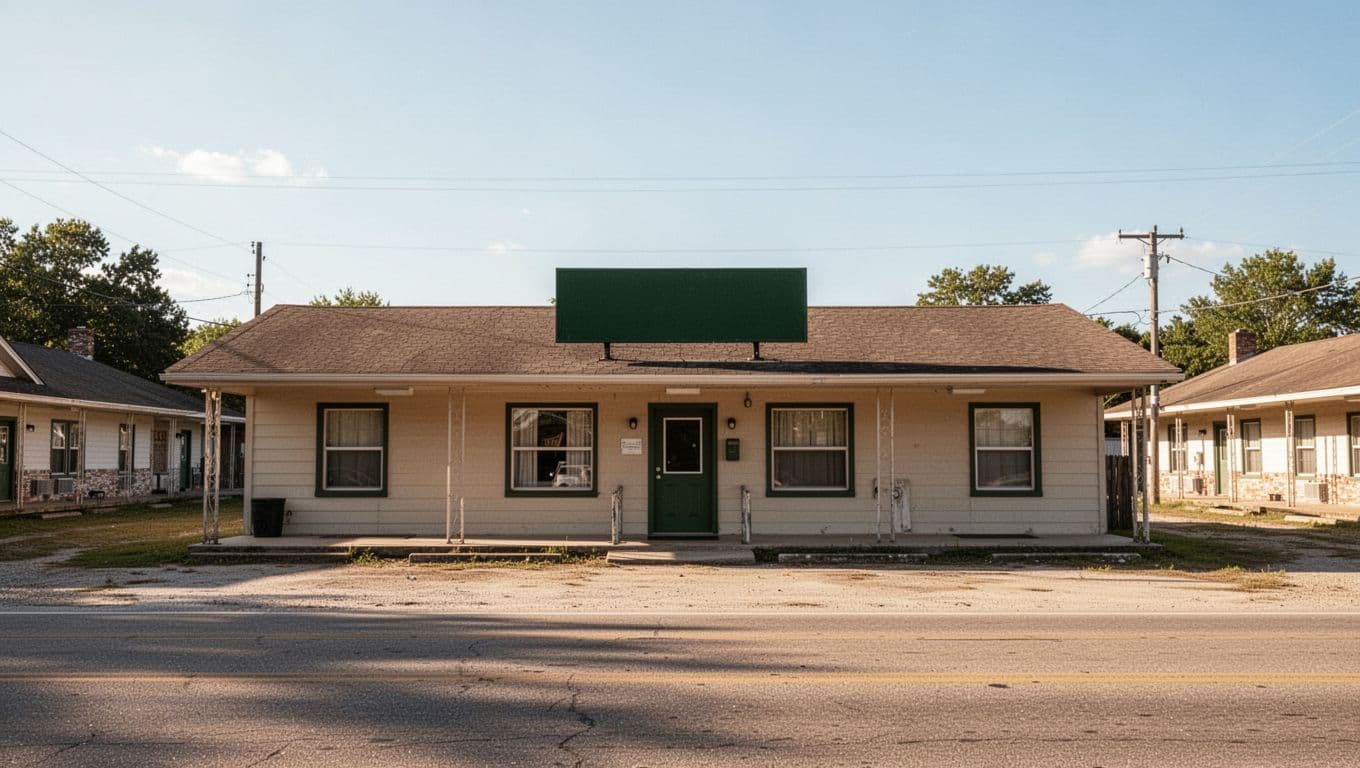 A modest roadside motel beneath a clear sky with a green Budget Stays banner.