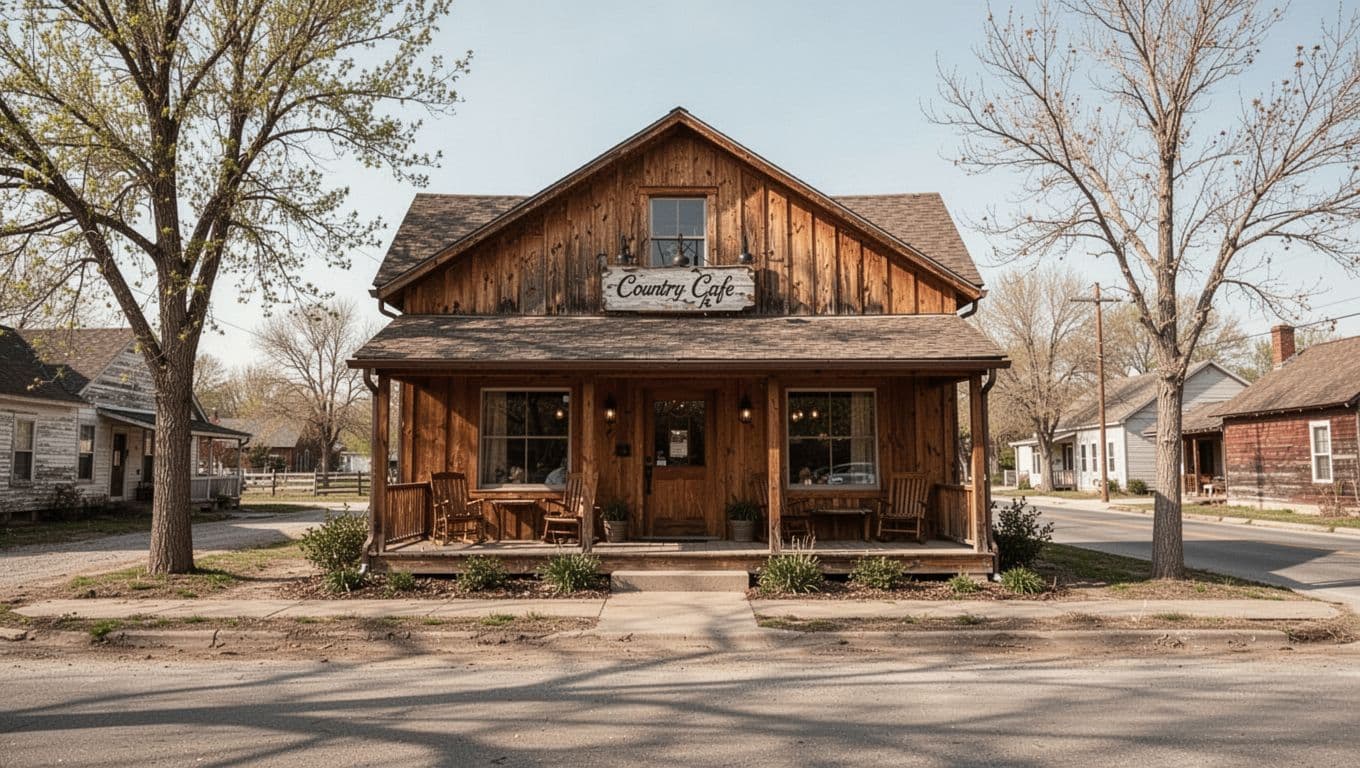 A country cafe with a welcoming facade on a quiet rural street.