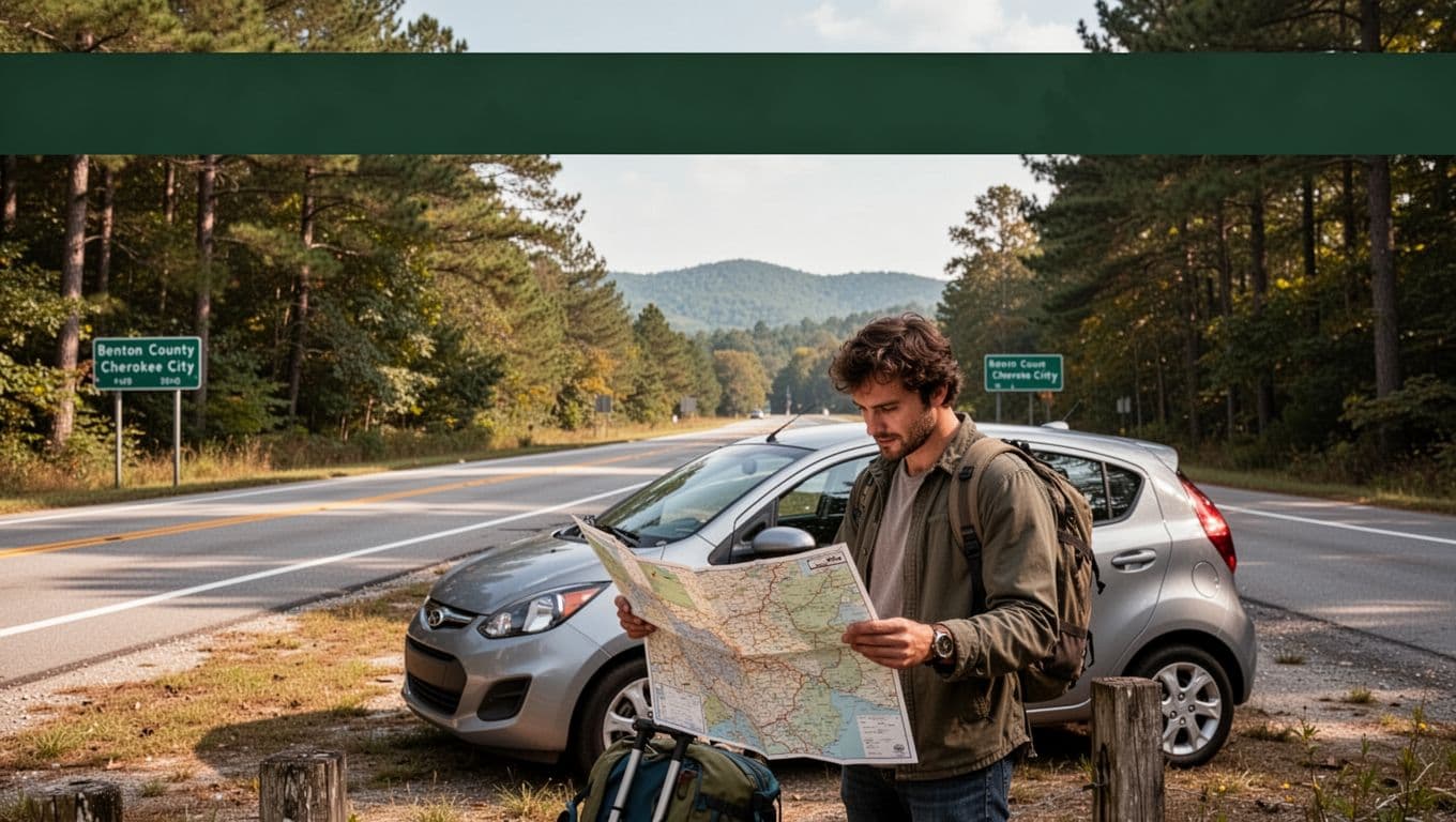A folded map and compact car beside a wooded rural highway.