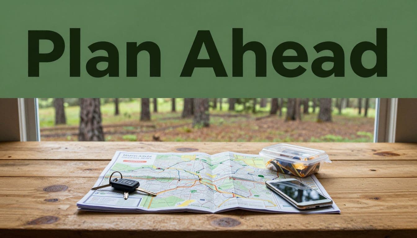 A map, phone, keys, and snack sit on a wooden table by a pine forest window.