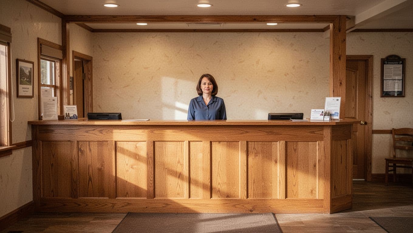 A receptionist stands behind a wooden motel desk under a green Front Desk sign.