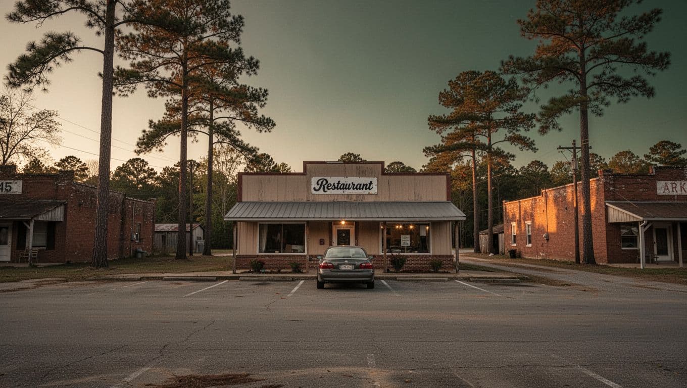 A rural restaurant with one parked vehicle, trees, and a dark green Plan Ahead banner.