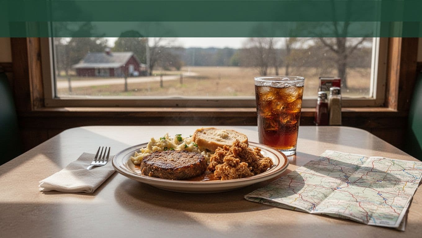 Southern food, iced tea, and a folded map sit on a diner table.