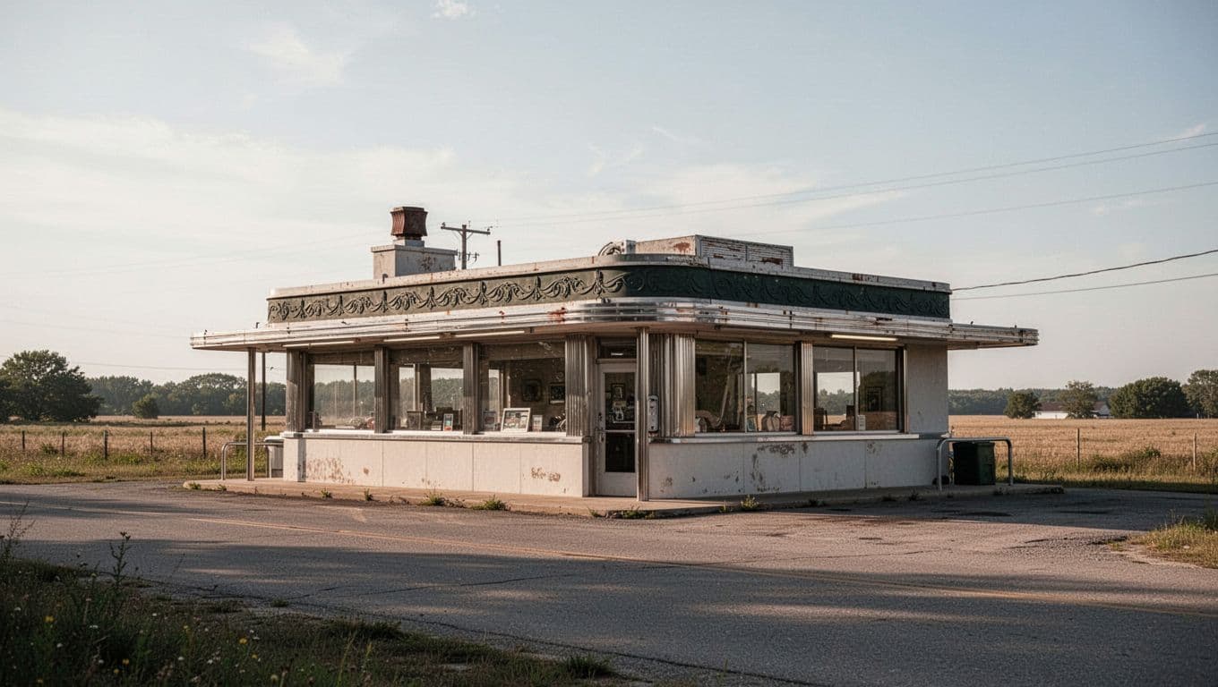 A vintage diner sits alone beside a rural road beneath an open sky.