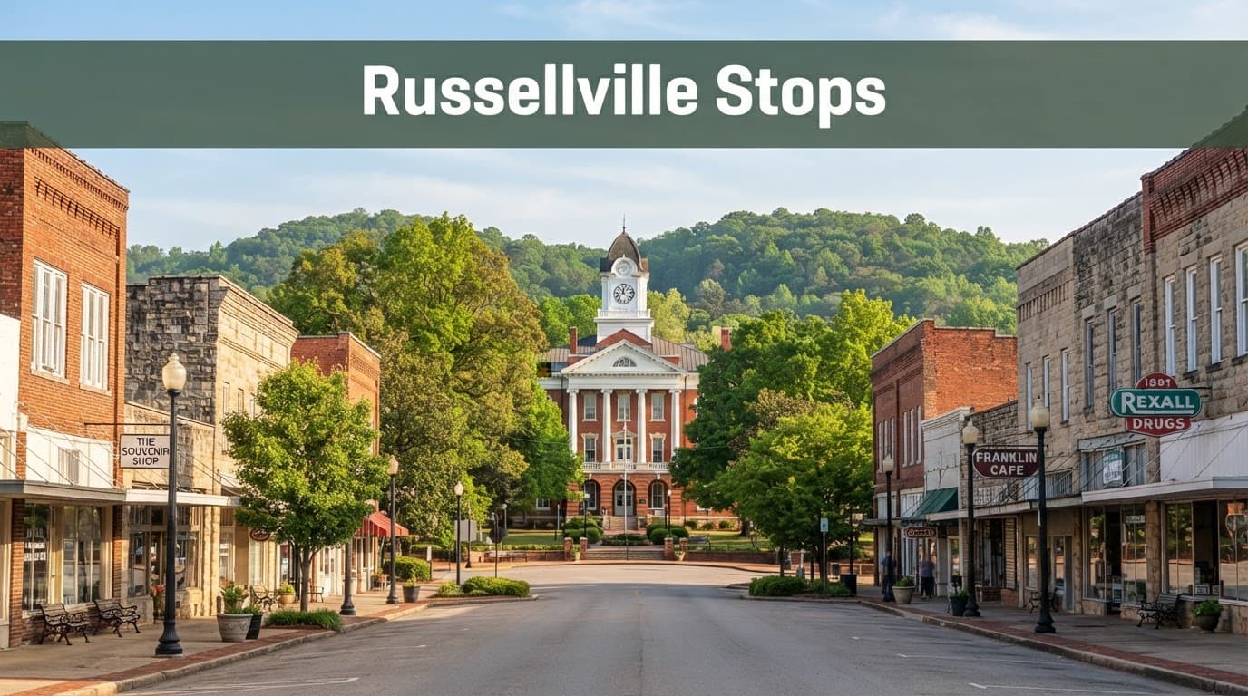 Historic courthouse and downtown street with wooded hills in Russellville, Alabama.
