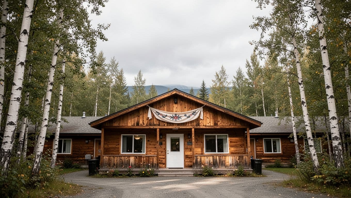 A rustic motel surrounded by birch trees beneath an overcast Alaskan sky.