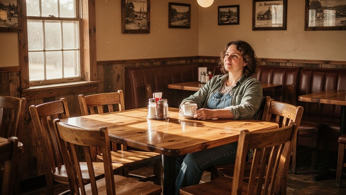 One person sits at a wooden table in a warmly lit rustic diner.