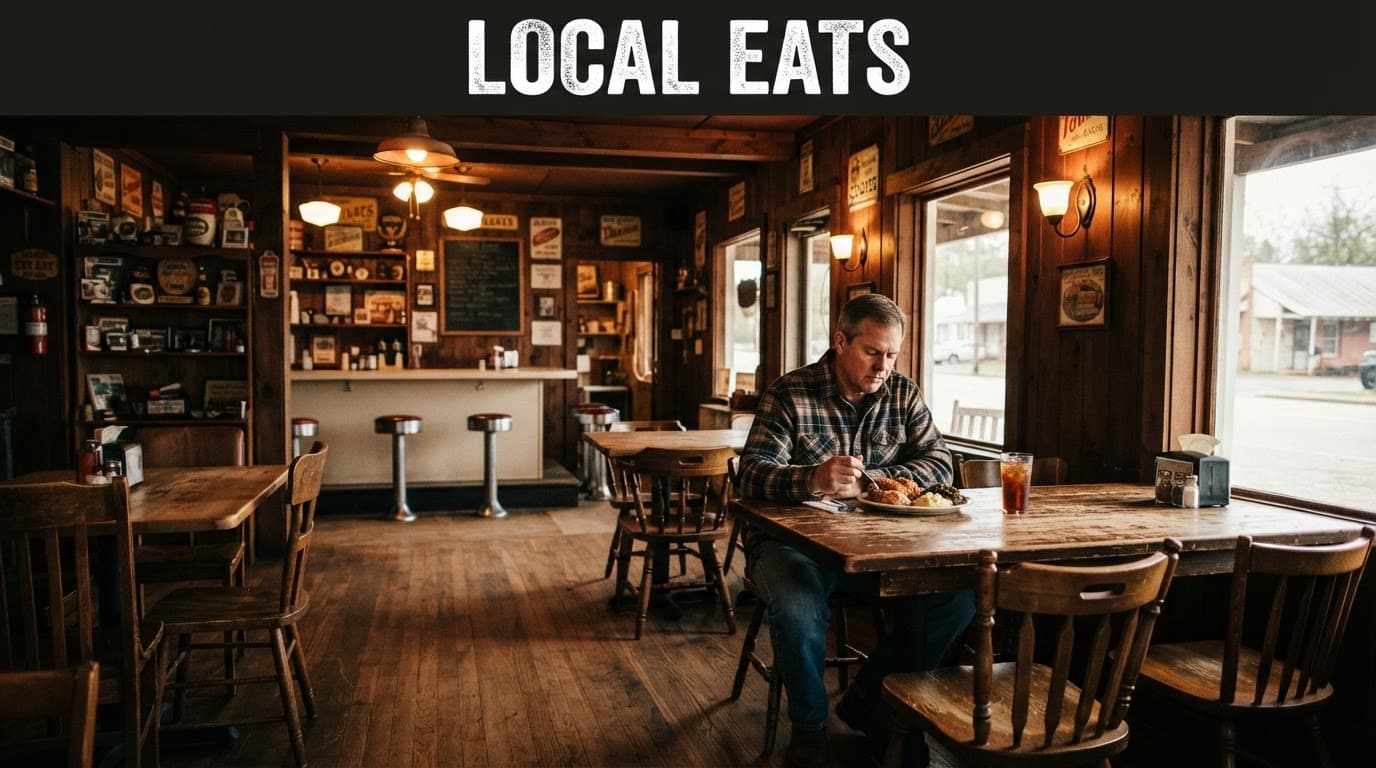 A diner eating at a wooden table inside a warmly lit rustic restaurant.
