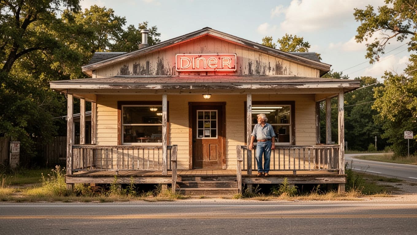 A rural Arkansas diner with a porch, neon sign, and one person.