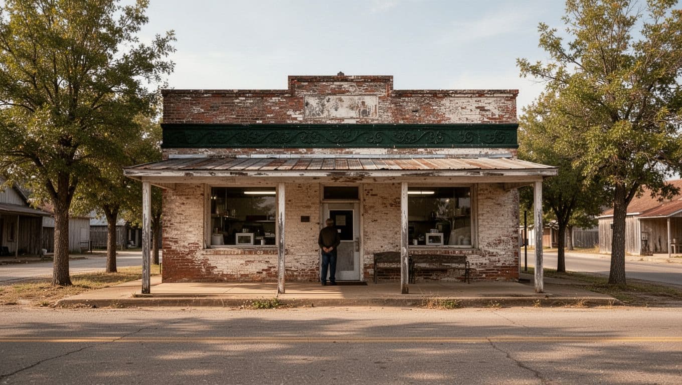 Rustic Arkansas diner with a Local Eats banner and one person in the background.