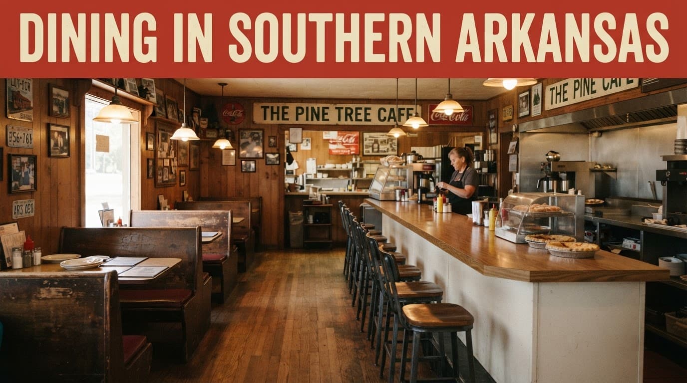 A rustic diner with wooden booths, pendant lights, a counter, stools, and one distant server.