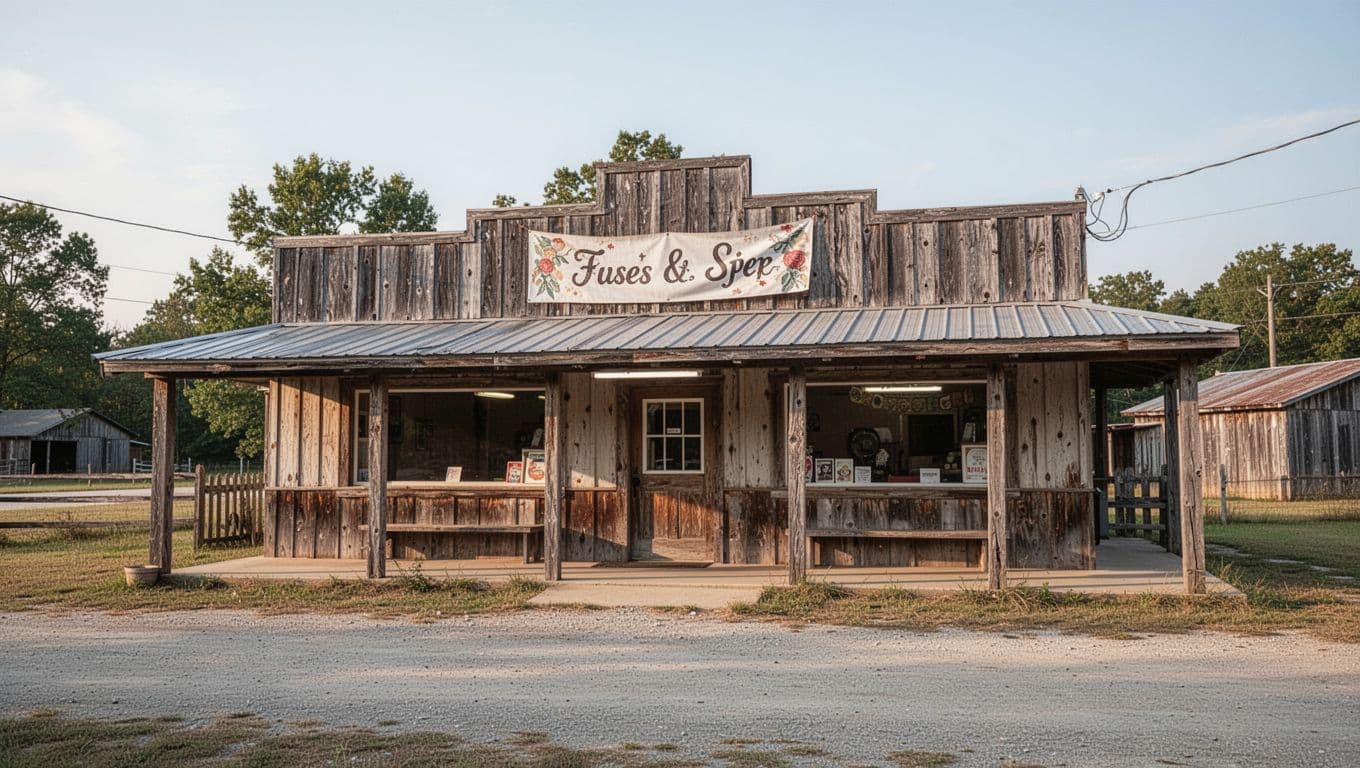 A rustic diner beside a rural Arkansas road in daylight.