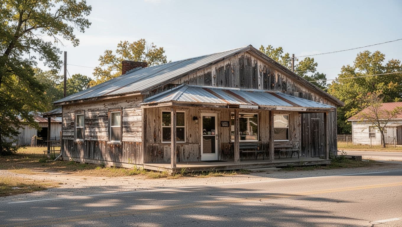 A rustic Arkansas diner with broad windows and a Local Eats sign in sunny daylight.