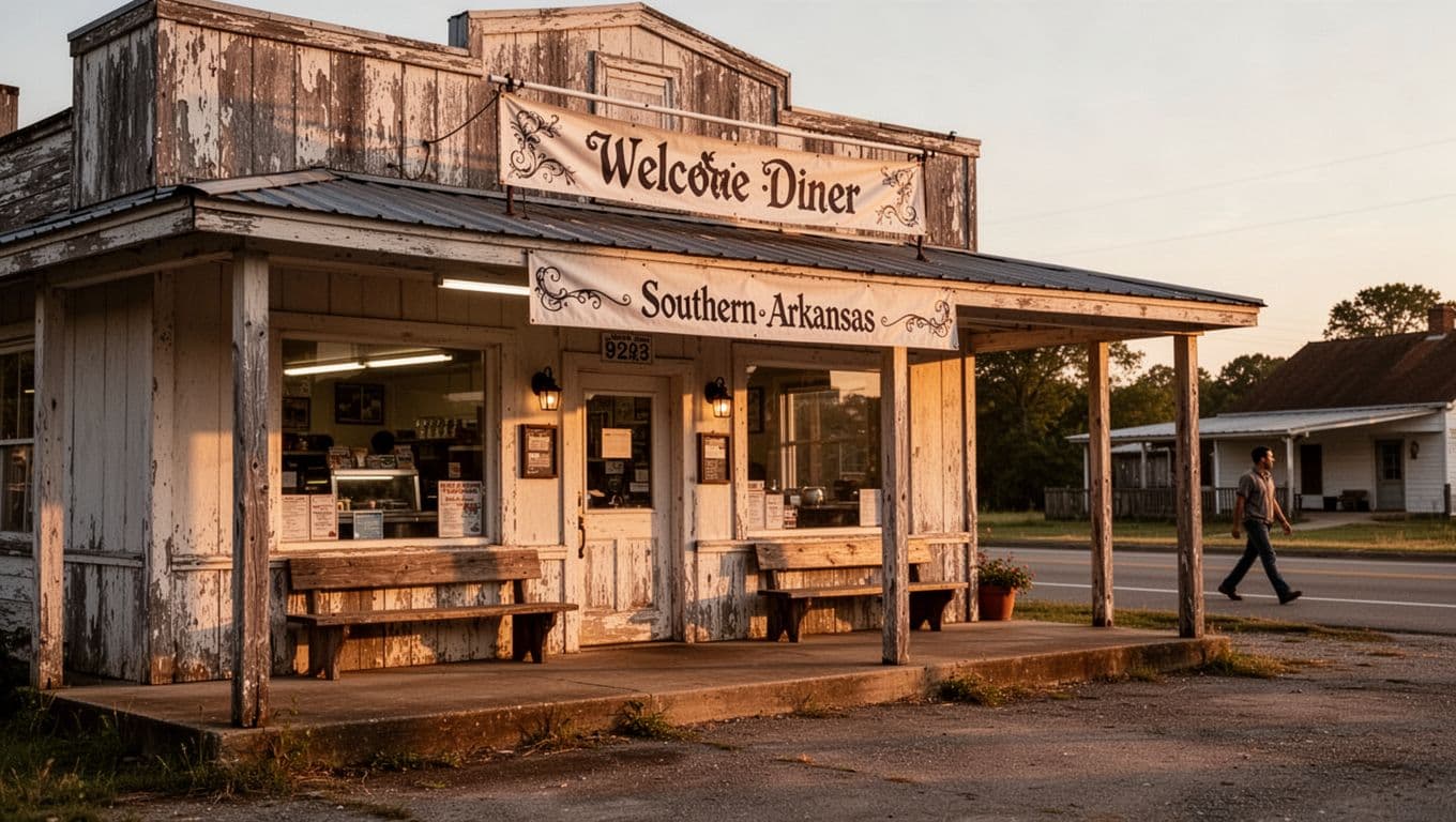 A rustic Arkansas diner with warm lights, a Local Eats sign, and one distant person.