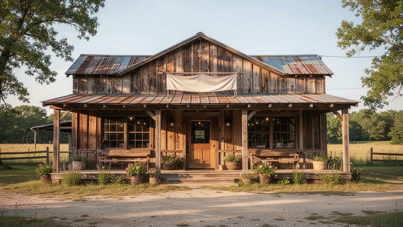 Rustic country restaurant exterior with a roadside sign.