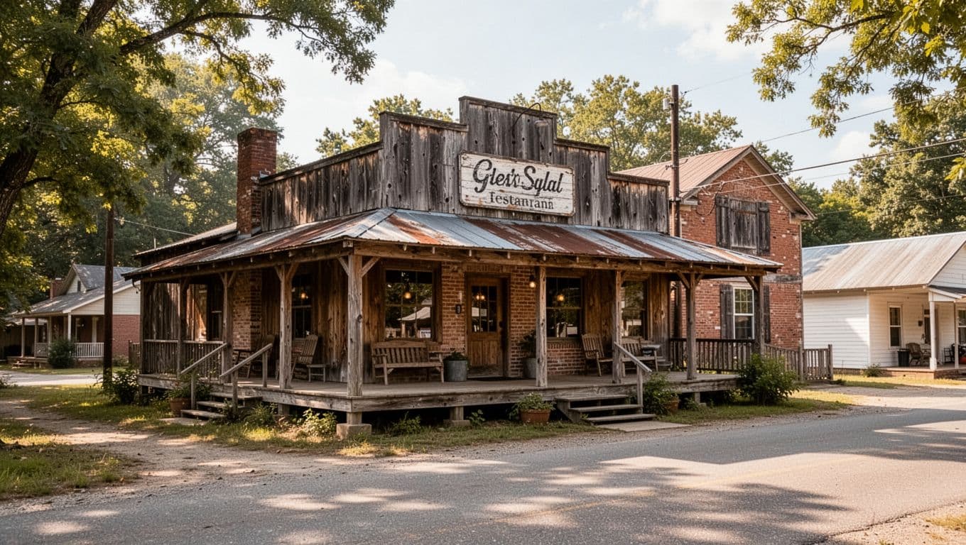 A rustic restaurant with a wooden porch in a quiet Arkansas town.