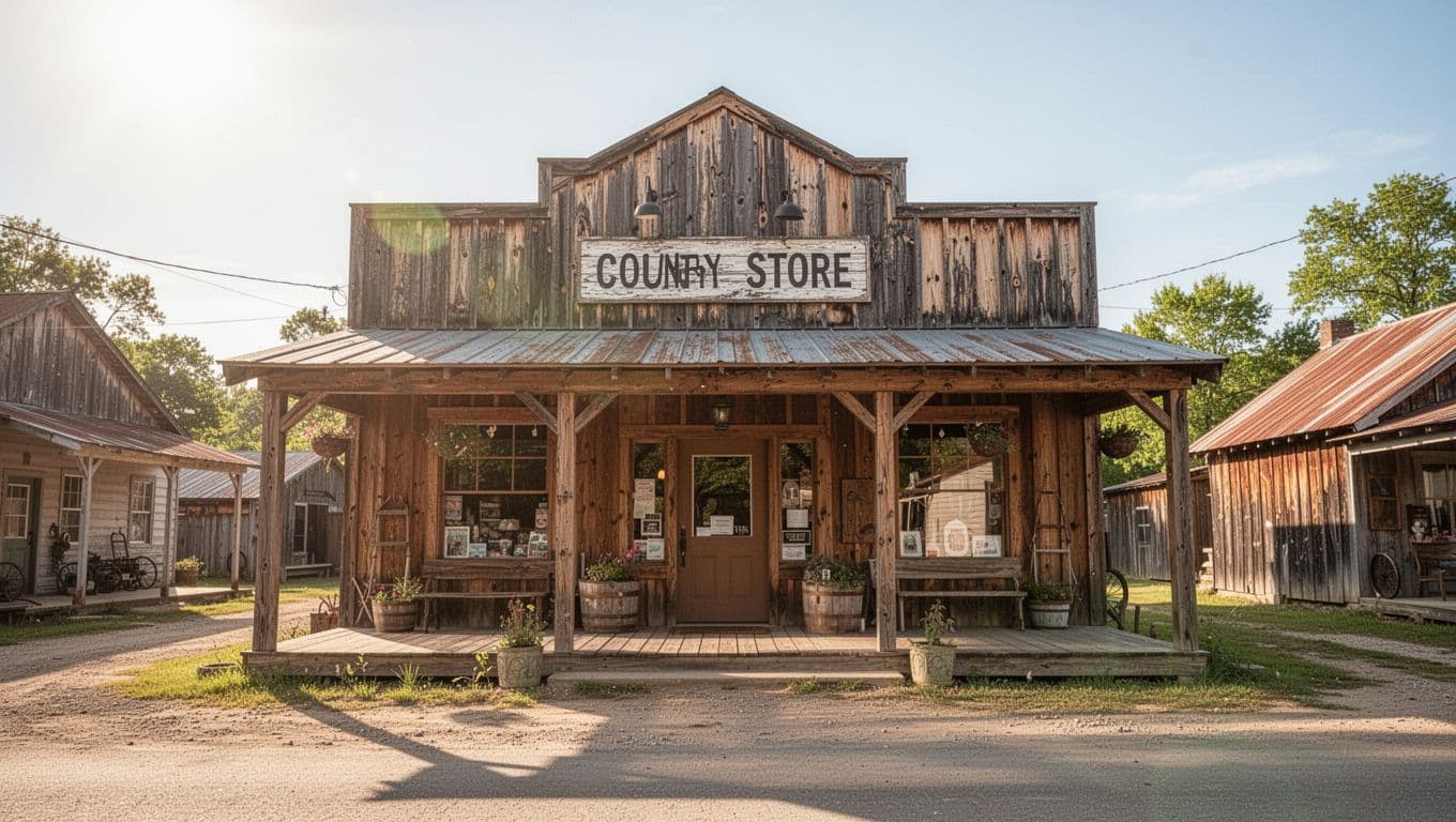A rustic wooden country store and cafe in bright sunshine.