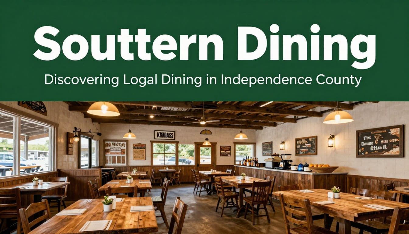 Rustic catfish restaurant with wooden tables, warm lights, and a Southern Dining banner.