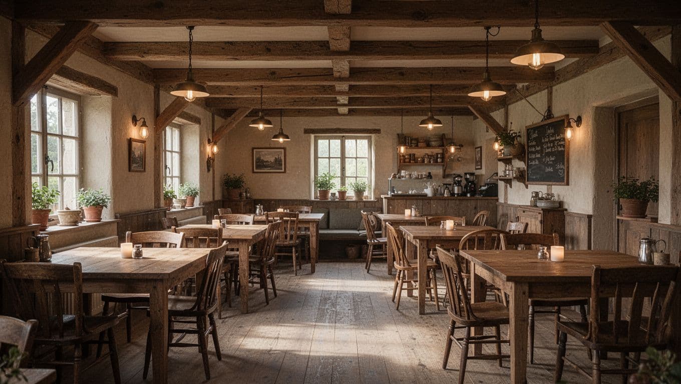 Rustic cafe with wooden tables and warm lights beneath a dark green header band.
