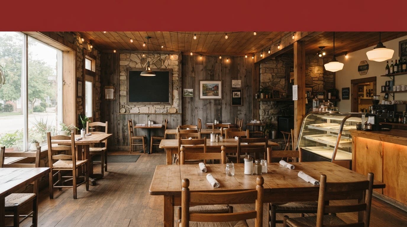 Rustic cafe with wooden tables and chairs under warm indoor lighting.