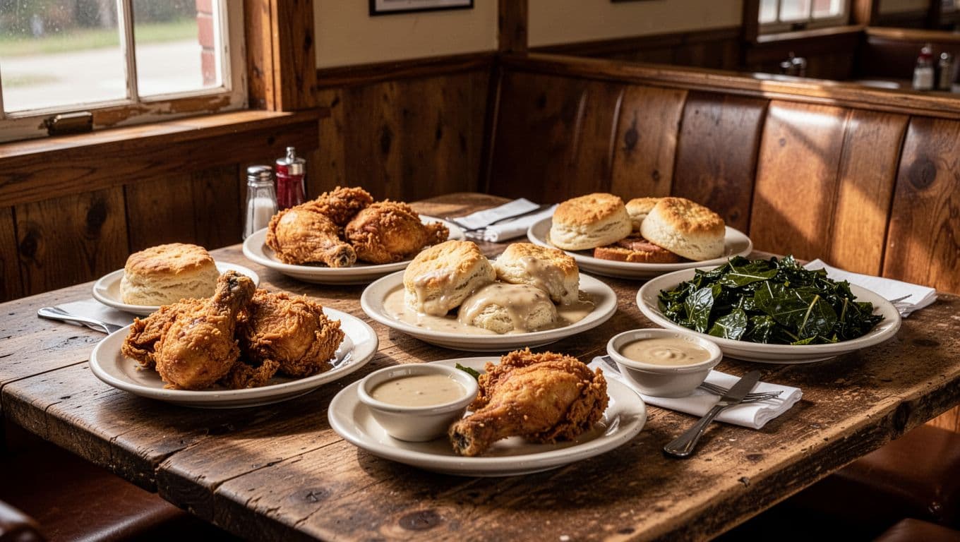 Homestyle Southern dishes arranged on a rustic diner table beneath a Country Plates headline.