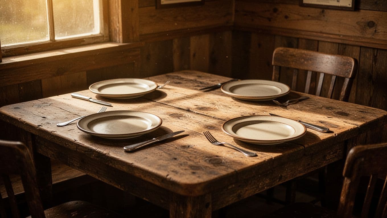 Rustic diner table with plates and a dark-green Country Food headline band.