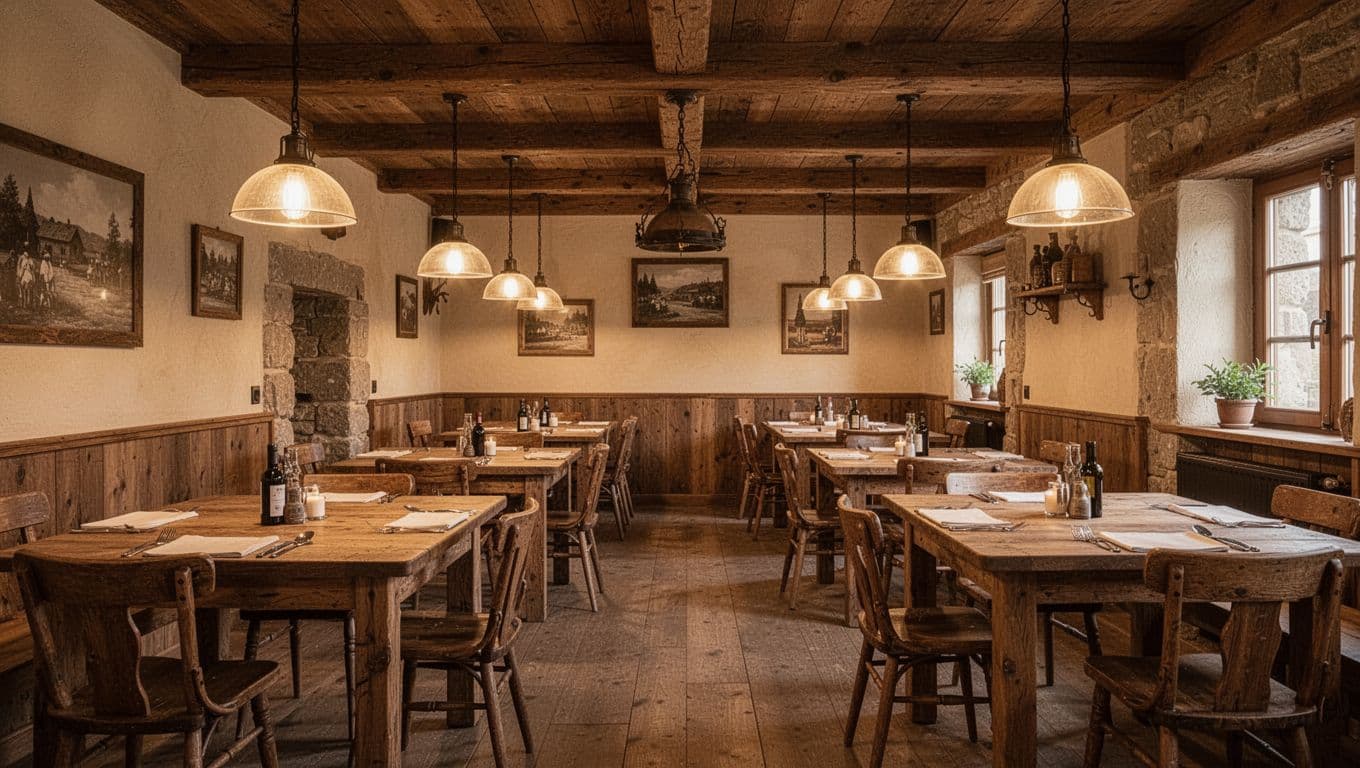 Rustic restaurant dining room with wooden tables and warm pendant lights.